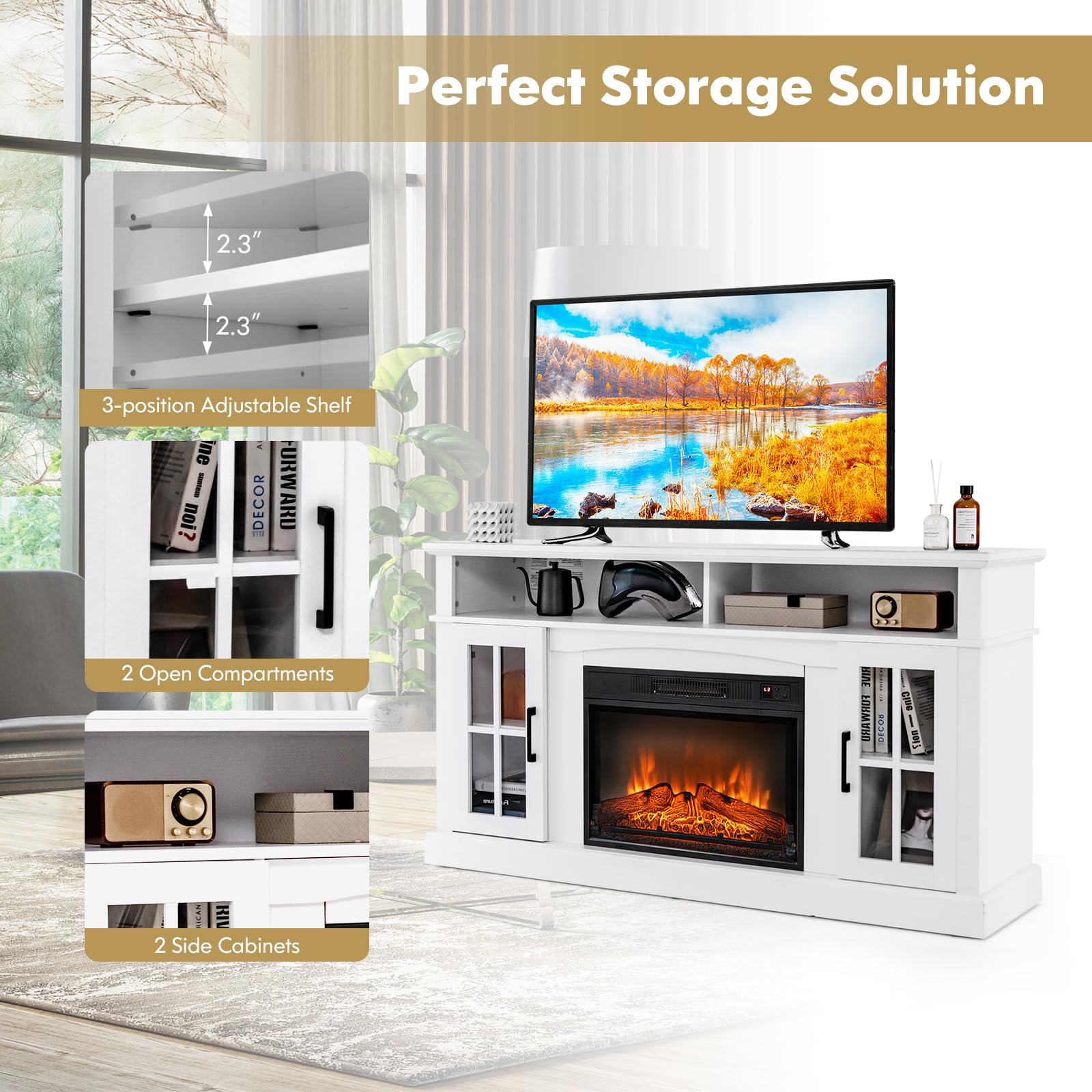Costway Electric Fireplace Tv Stand For Tvs Up To 65 Inches, 1400W Heater Insert With Remote Control, 6H Timer, 3 Level Flame, Overheat Protection And Csa Certification, Adjustable Shelves, White